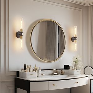 Set Moderno di Due Applique da Parete Nere e Oro, Illuminazione per Bagno con Vetro Trasparente, Elegante Decorazione Murale - Product Image 4