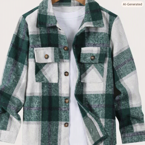 Chemise à manches longues boutonnée en flanelle de coton à carreaux vert et blanc unisexe pour l'automne, vêtement décontracté pour adultes - Product Image 1
