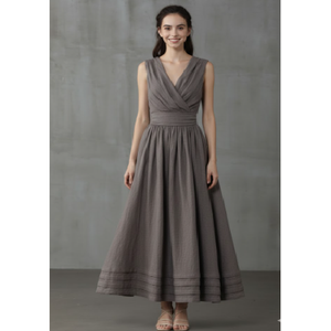 Robe longue élégante à col en V sans manches, coupe trapèze croisée, jupe évasée classique, robe de soirée formelle, style minimaliste - Product Image 1