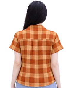 Custom Orange And Beige Plaid Womens Short Sleeve Button Up Shirt Casual Summer Lightweight Breathable <b>Checkered</b> <b>Top</b> With Pocket - Product Image 4