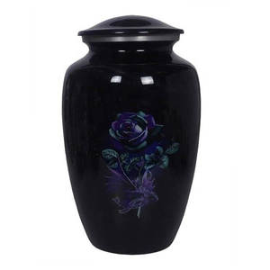 Urna de Metal Negra con Diseño de Rosa Púrpura, Elegante Urna Conmemorativa para Cenizas, Diseño Floral Atemporal - Product Image 1
