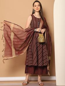 <b>Women</b> Traditional Cotton <b>Kurta</b> Dupatta A-Line Sleeveless Neck Regular Fit Knee-Length Quick Dry Casual Wear India Pakistan Style - Product Image 1