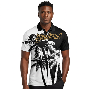 Polo pour homme noir et blanc imprimé, manches courtes, décontracté, respirant, en polyester tricoté, logo sur le devant - Product Image 3