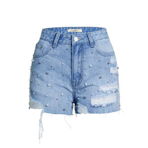 Shorts en jean taille haute Shorts décorés de perles Shorts à ourlet déchiré Shorts style décontracté Shorts pour hommes et femmes - Product Image 1