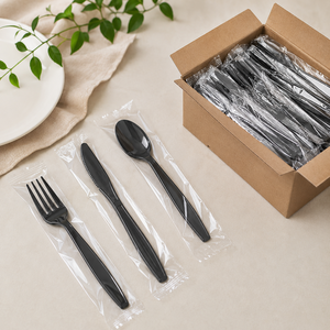 Ensemble de couverts en plastique noir EcoRev, fourchette, cuillère, couteau, ustensiles jetables, matériau PP, recyclable, respectueux de l'environnement, sans danger pour les aliments, pour les fêtes - Product Image 1