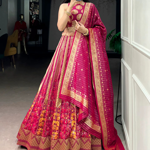 ชุดเลเฮนกาผ้าไหมแท้ปักเลื่อมสีชมพู รานี - Product Image 1