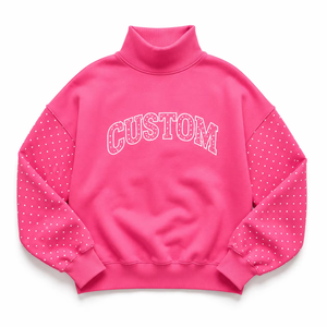 Women's Hoodies Pink Rhinestone Sleeve Turtleneck Sweatshirt Heavyweight Pearl Studded Varsity High Collar Pullover Womenswear - Product Image 4