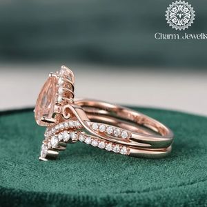 Charm_Jewells Women's Rose Gold Plated Pear Cut Moissanite Engagement <b>Ring</b> Pave Setting Romantic <b>Crown</b> Style - Product Image 3