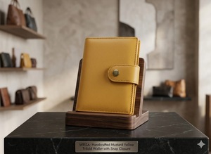 WRIZA Cartera compacta de piel auténtica amarilla mostaza para mujer con cierre de botón a presión, tarjetero multifuncional hecho a mano - Product Image 6
