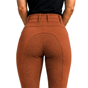 Leggings d'équitation taille haute pour femme, couleur orange rouille, extensibles, avec poche avant, texture équestre - Product Image 4