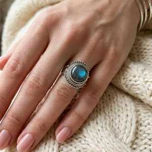 Labradorite <b>Ring</b> 925 Sterling <b>Silver</b> Blue Flash Labradorite Statement <b>Ring</b> - Bold Round <b>Solitaire</b> <b>Silver</b> <b>Ring</b> - Product Image 2