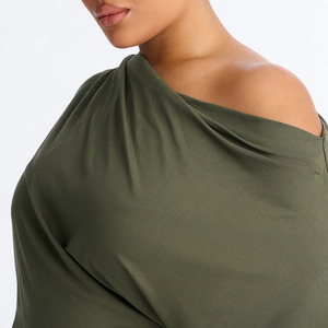Casual <b>Asymmetrical</b> Olive Green Women's Off The Shoulder Solid Color Bodysuit Short Sleeve Stretch Knitted Summer Style Sexy Fit - Product Image 3