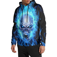 Sudadera con Capucha Oversize de Algodón 100% con Estampado Digital 3D de Calavera con Llama Azul para Hombre, Estilo Urbano Hip Hop, Colección 2026 - Desbloquea tu Estilo