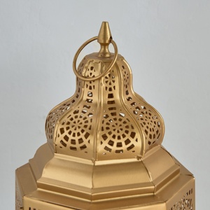 Heritage <b>Gold</b> Metal Moroccan <b>Lantern</b> with Intricate Cutwork Tall Candle Holder for Ramadan Home Wedding Decor - Product Image 4