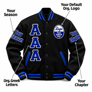 Chaqueta de hermandad Zeta azul y blanca con bordado de letras griegas en chenilla, lana negra, personalizada para mujeres universitarias. - Product Image 1