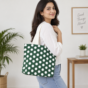Sac de plage en jute teinté vert à pois, non laminé, 42 x 32 x 14 cm, poignées en ruban de coton de 60 cm, logo personnalisé, vente en gros, OEM - Product Image 6