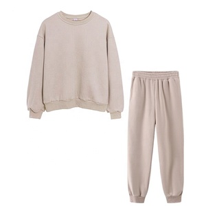 Factory Direct Sale Women's Plain Thick Crew Neck Pullover Track Suit <b>Lounging</b> Wear Ribbed Hem & Cuff Blank Two Piece Sweat Suit - Product Image 2