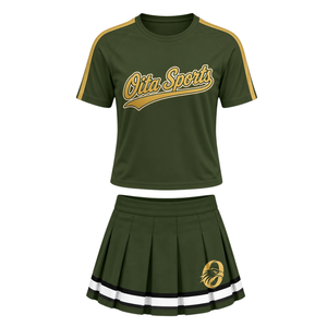 Conjunto de Uniforme Deportivo Verde Oliva con Estampado Dorado, Camiseta de Manga Corta y Falda Plisada, Ropa Deportiva para Equipos, Entrenamiento y Práctica, Personalizable - Product Image 1