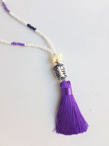 Handmade White Beaded Tassel <b>Necklace</b> Purple Tassel Boho Minimalist Long <b>Statement</b> Jewelry Gift - Product Image 3