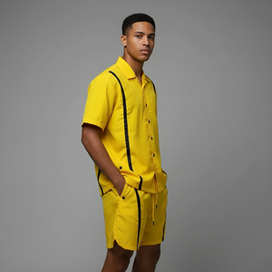 เสื้อผ้าสตรีทแวร์ขายส่ง ชุดเซ็ตชายผ้าฝ้าย 100% เสื้อโปโลพิมพ์โลโก้ตามสั่ง ชุดสตรีทแวร์สีพื้นลายทางสีดำ ชุด 2 ชิ้น - Product Image 3