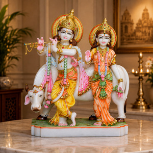 Marble Radha Krishna with Cow Statue | Handcrafted White Marble Radha Krishna Murti | Hindu God Idol | MALIYAS Jaipur - Product Image 1