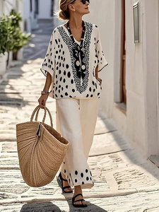 Women's <b>Linen</b> Striped 2-Piece Set Loose Fit O-Neck <b>Top</b> Full Length Pants Casual Spring Summer Breathable Woven Knitted Outfit - Product Image 4
