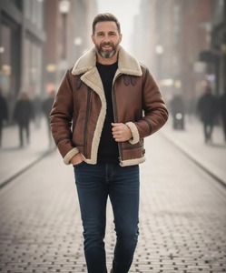 <b>Mens</b> Brown Genuine Leather <b>Shearling</b> Aviator B3 Bomber <b>Jacket</b> Warm Winter Coat - Product Image 3