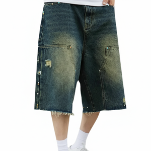 Shorts de mezclilla casuales con pedrería, de cintura baja y corte recto, para hombre y mujer, de moda y gran venta. - Product Image 3