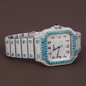 Montre de luxe carrée en quartz glacé pour homme, cadran bleu diamant, cristal saphir, 41 mm, date luminescente, bracelet en acier inoxydable, 3 ATM - Product Image 3