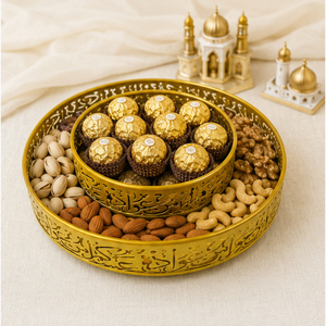 Luxury Round <b>Gold</b> Metal Ramadan <b>Serving</b> <b>Tray</b> Set Arabic Calligraphy Eid Mubarak Decorative Dessert Plates for Dates and Sweets - Product Image 4