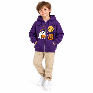 Sweat-shirt à capuche zippé en polaire décontracté pour bébés garçons, violet, hiver, Halloween, imprimé fantôme, citrouille, chauve-souris, vente en gros, OEM, ODM, personnalisé - Product Image 1