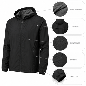 Veste coupe-vent légère à capuche pour homme avec doublure en mesh, poches zippées, vêtements d'extérieur décontractés, noir uni, coque en polyester - Product Image 3