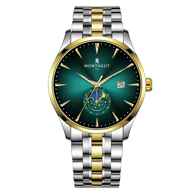 MONTAGUT Luxury Charm Stainless Steel Mechanical Watch Moon Phase Mineral Glass Automatic Movement Alloy Case Butterfly Clasp