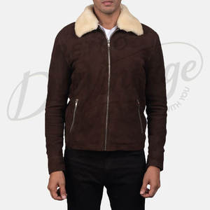 Veste en cuir suédé marron pour homme de qualité supérieure, col en fausse fourrure, coupe ajustée, veste bomber d'hiver, veste décontractée pour homme - Product Image 3