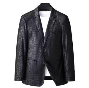 <b>Men's</b> Black PU Leather Motorcycle <b>Jacket</b> Stand Collar Single Button Embossed Pattern Slim Fit <b>Smart</b> Casual Winter Waterproof - Product Image 5