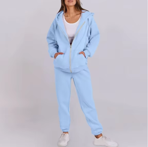 Ensemble de survêtement gris en coton pour femme, pantalon de survêtement long et sweat à capuche zippé, coupe décontractée, couleur unie, automne - Product Image 4