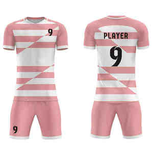 Ensemble de maillots de football personnalisés sublimés rose et blanc 100% polyester à manches courtes, respirant, col en V, uniforme de football unisexe pour adultes - Product Image 1
