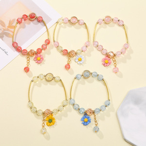 Kids Romantic Beaded Crystal <b>Bracelet</b> with Rose Quartz <b>Sunflower</b> Charm - Product Image 4