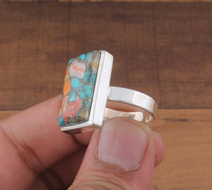 Anillo de Plata de Ley con Bisel de Turquesa y Concha de Ostra, Anillo Clásico Rectangular con Incrustaciones de Concha Espinosa, Venta al por Mayor - Product Image 2