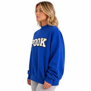 Royal Blue Custom Womens Oversized Mock Neck Sweatshirt Chenille Embroidered Fleece Loose Fit OEM ODM Greek Letter Sweatshirt - Product Image 2