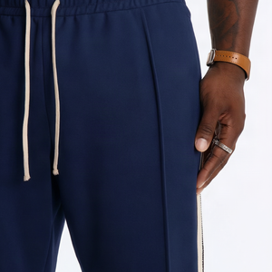 Nouveau pantalon décontracté pour homme, bleu marine, coupe droite, avec bande latérale, taille élastique à cordon de serrage, en polyester mi-lourd, pantalon de survêtement d'automne - Product Image 3