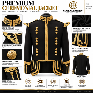 Veste noire pour homme, style double boutonnage, avec épaulettes dorées et détails brodés, col montant, tenue formelle - Product Image 1