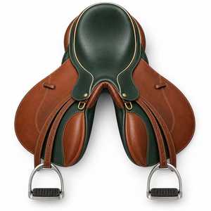 Selle d'équitation anglaise traditionnelle pour l'équitation et les sports équestres, selle anglaise en cuir vert et marron avec étriers - Product Image 4