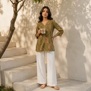 <b>Women</b> Cotton <b>Kurta</b> With Leaf Print Loose Fit Short Kurti Length Casual Ethnic Outfit All Seasons - Product Image 4