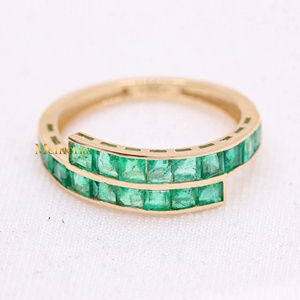 14K Solid Yellow Gold Natural <b>Emerald</b> Bypass <b>Ring</b> Channel Set Square Gemstone Handmade Wedding <b>Band</b> Fine Jewelry Wholesale - Product Image 1
