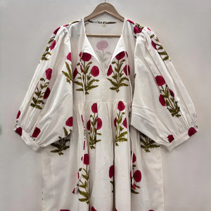 Vestido Casual Midi para Mujer, Tejido 100% Algodón, Color Liso, Manga Corta, Cintura Imperio, Estilo Babydoll, Oversize, Cuello en V, Ajuste Holgado, Estilo Rajasthan - Product Image 1