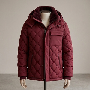 MAATTIERA Quilted Hooded <b>Jacket</b> Red Polyester <b>Fleece</b> Lining Windproof Winter Casual <b>Thick</b> Regular Fit Zipper Closure - Product Image 1