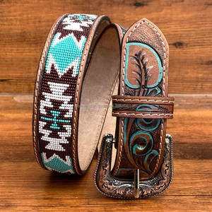 Fábrica al por mayor Casual aleación Pin hebilla mano Tooled cinturones de cuero hecho a mano con cuentas de lujo de las mujeres cinturones de cuero de vaca genuino - Product Image 2