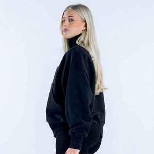 <b>Women's</b> <b>Black</b> Printed Front Quarter Zip Premium Hooded Sweatshirt Solid Cotton Blend <b>Fleece</b> Full Sleeve Winter Autumn Wear - Product Image 3