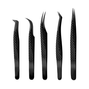Kit professionnel de 5 pinces à épiler en acier inoxydable noir durables et réutilisables pour extensions de cils, courbées, droites, pointues, volume - Product Image 1
